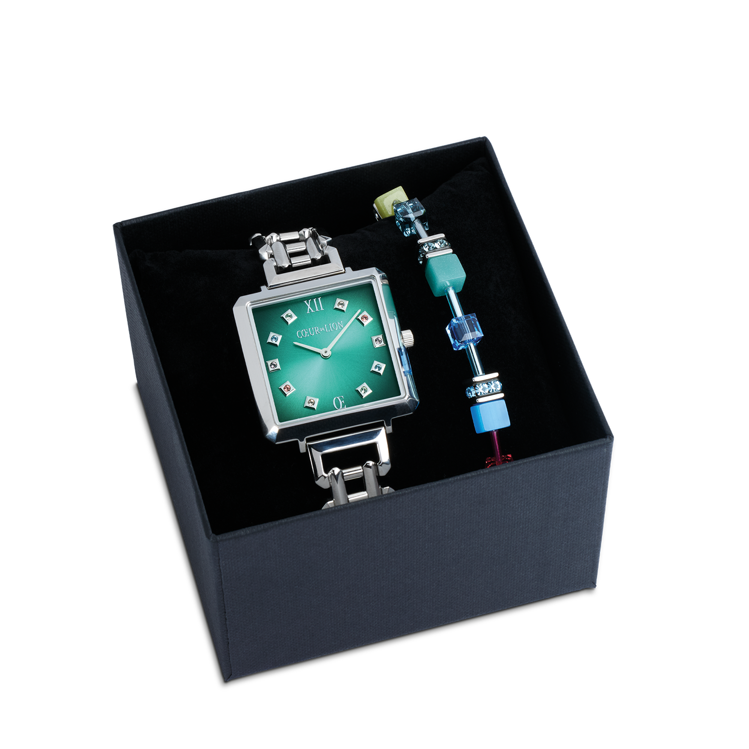 Geschenkset Uhr Iconic Cube Turquoise Glaze silber & GeoCUBE® Iconic Armband Magic silber