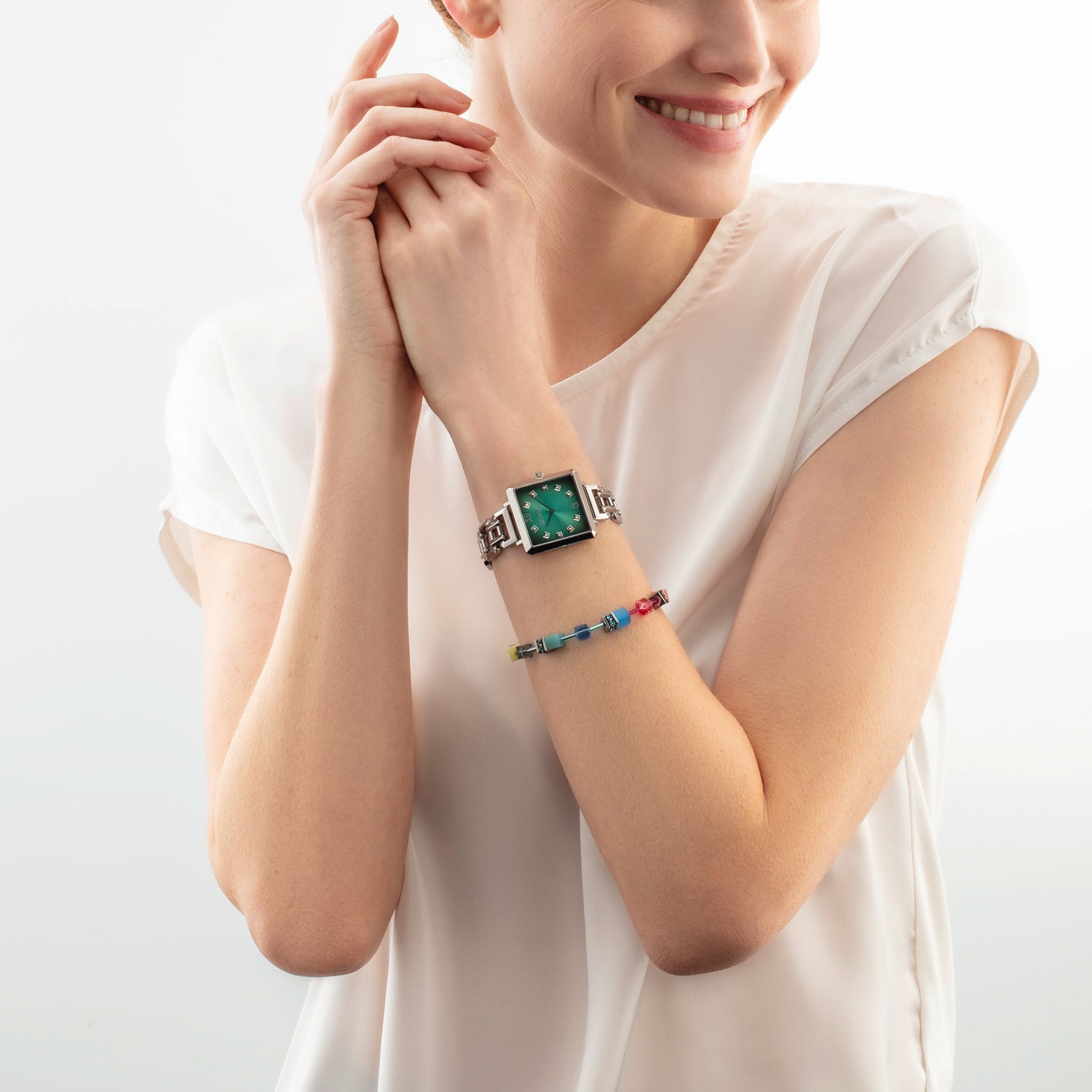 Geschenkset Uhr Iconic Cube Turquoise Glaze silber & GeoCUBE® Iconic Armband Magic silber