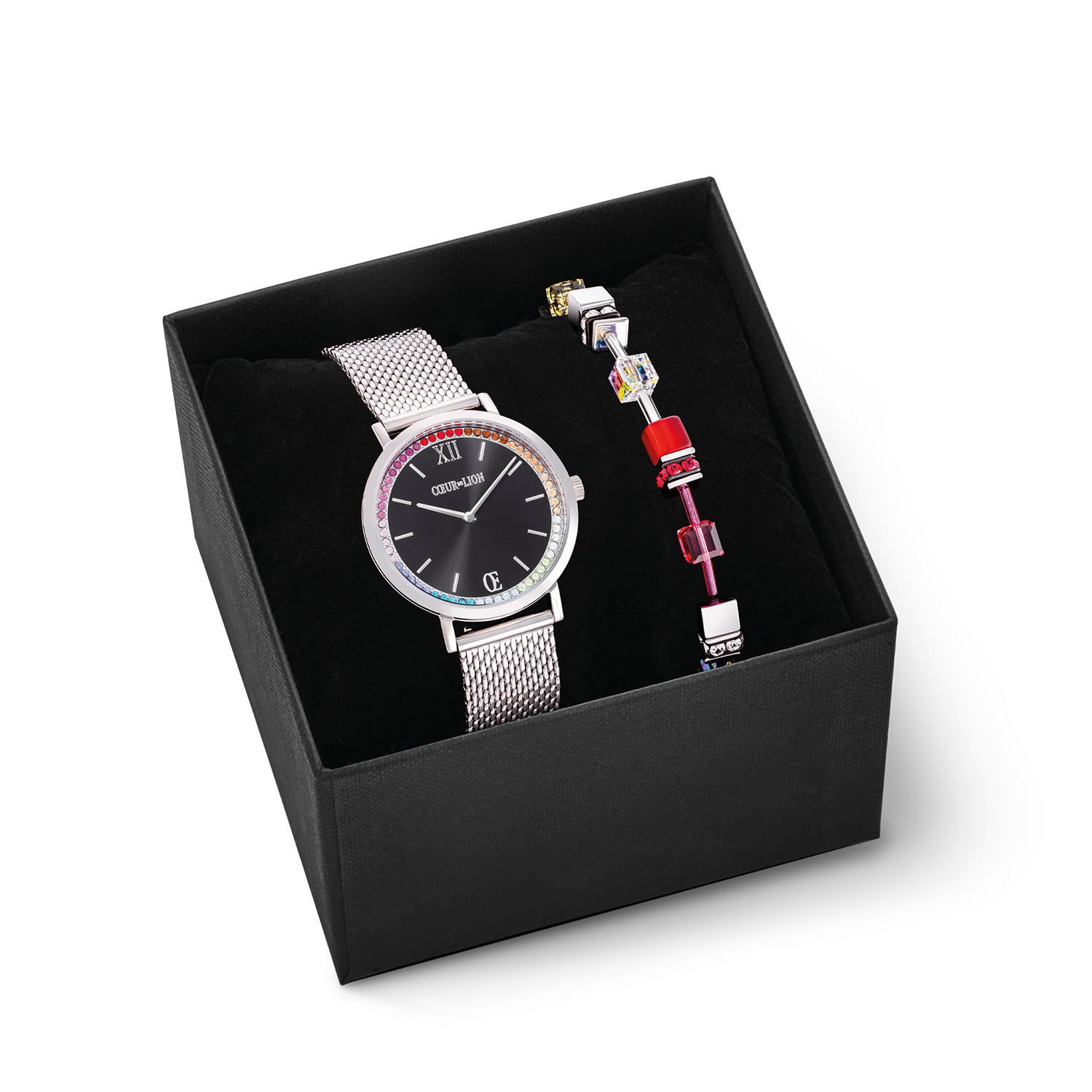 Geschenkset Uhr Rund Sparkling Rainbow Sunray Black & GeoCUBE® Iconic Armband rot-grün