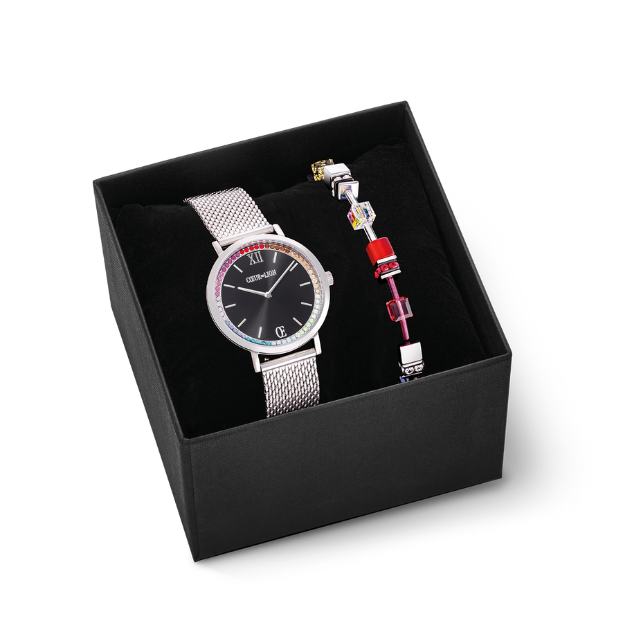 Geschenkset Uhr Rund Sparkling Rainbow Sunray Black & GeoCUBE® Iconic Armband rot-grün