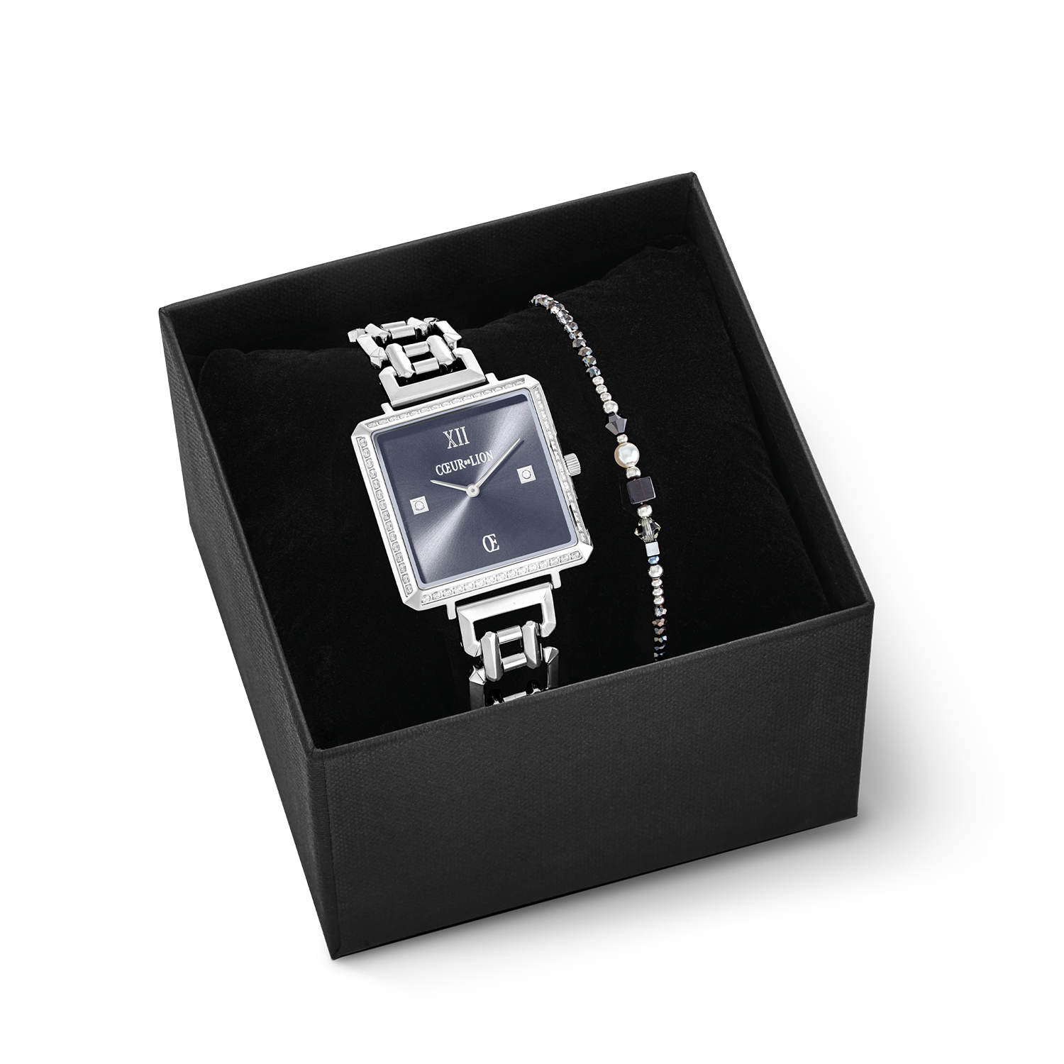 Geschenkset Uhr Iconic Cube Sparkling Anthracite Attraction & Armband Square Stripes silber-schwarz