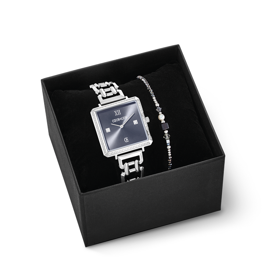 Geschenkset Uhr Iconic Cube Sparkling Anthracite Attraction & Armband Square Stripes silber-schwarz