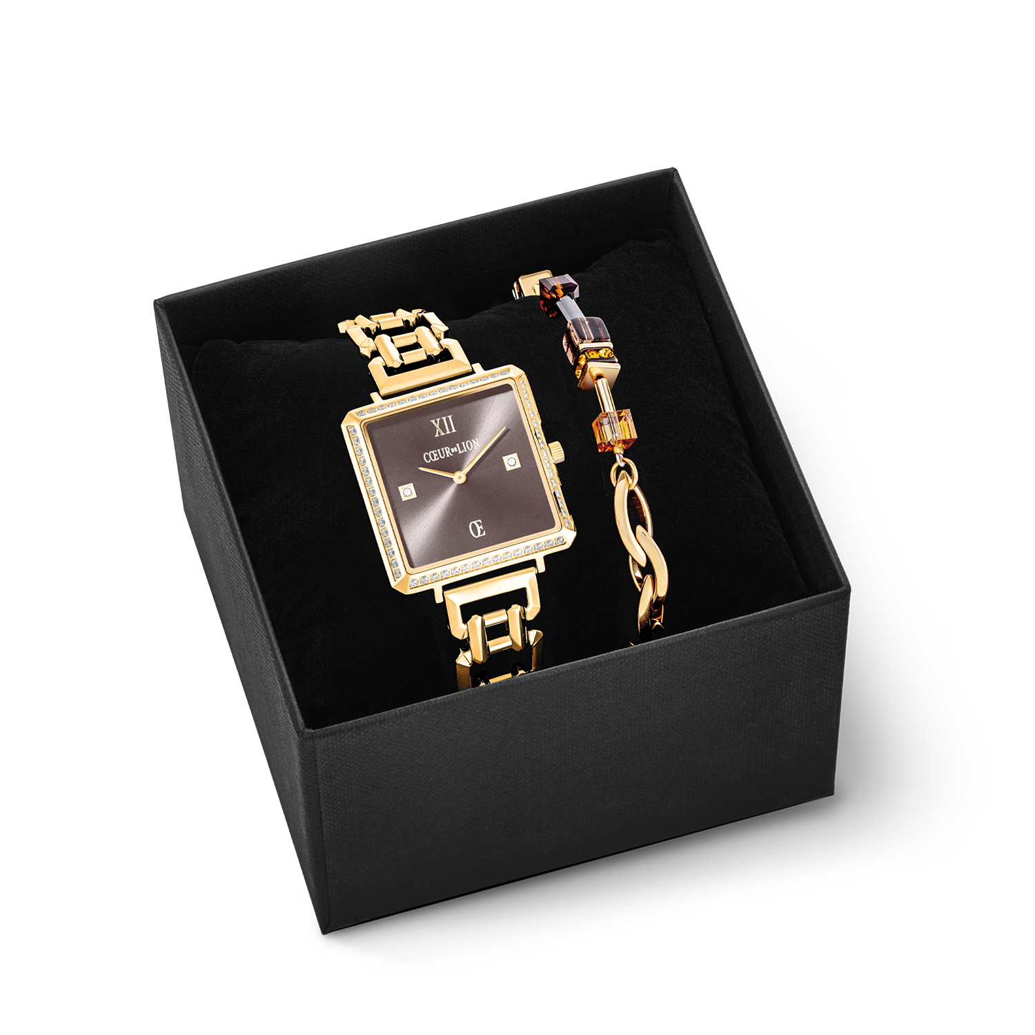 Geschenkset Uhr Iconic Cube Sparkling Mystic Mocca Statement gold & GeoCUBE® Chunky Chain Armband gold-braun