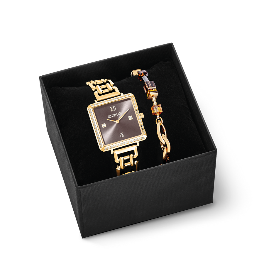 Geschenkset Uhr Iconic Cube Sparkling Mystic Mocca Statement gold & GeoCUBE® Chunky Chain Armband gold-braun