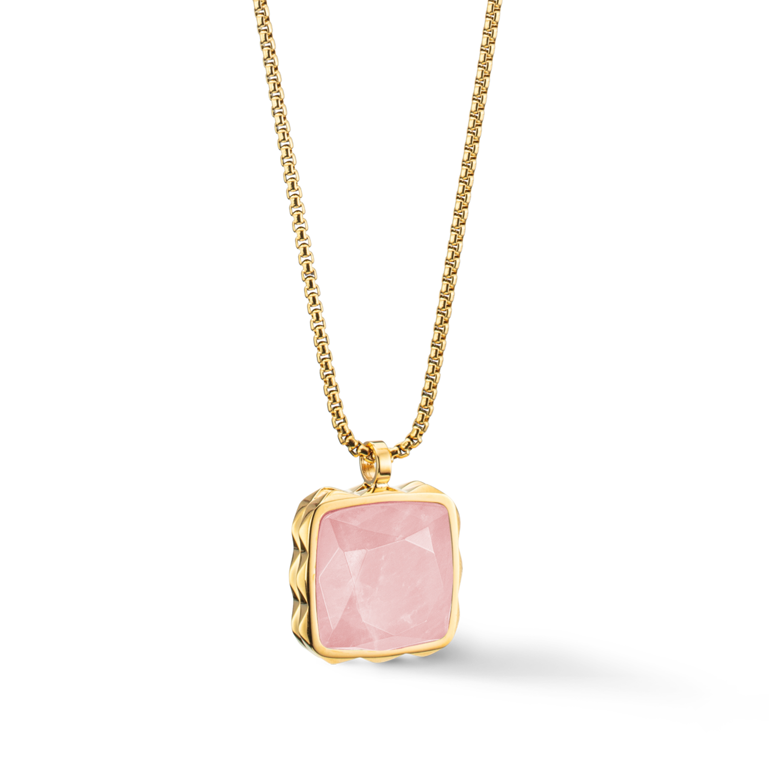 Halskette Amulett Spikes Square Rosenquarz Gold-Rosa