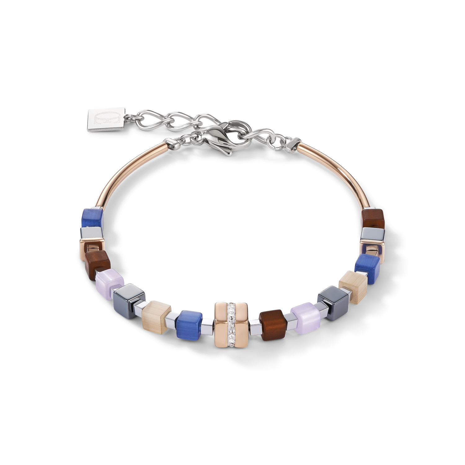 Armband GeoCUBE® Edelstahl roségold & Kristall Pavé blau-braun