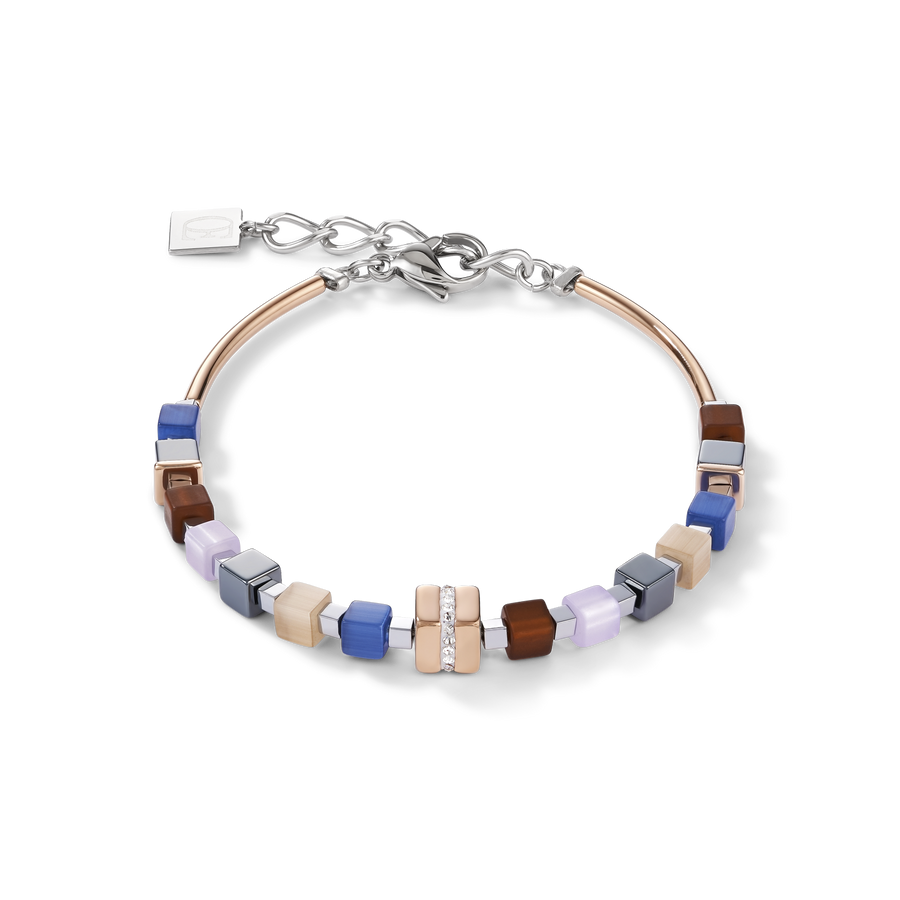 Armband GeoCUBE® Edelstahl roségold & Kristall Pavé blau-braun