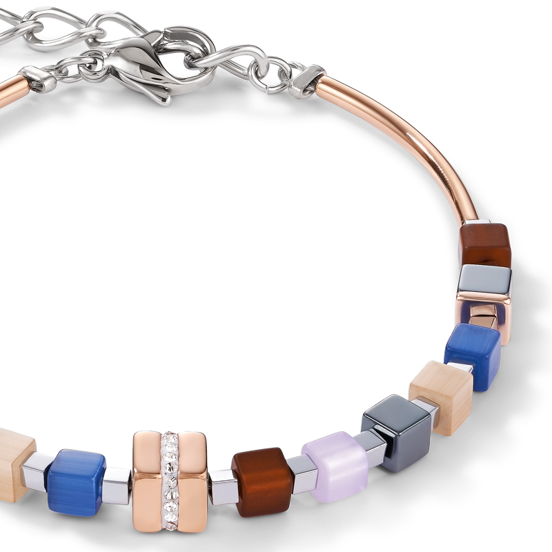 Armband GeoCUBE® Edelstahl roségold & Kristall Pavé blau-braun