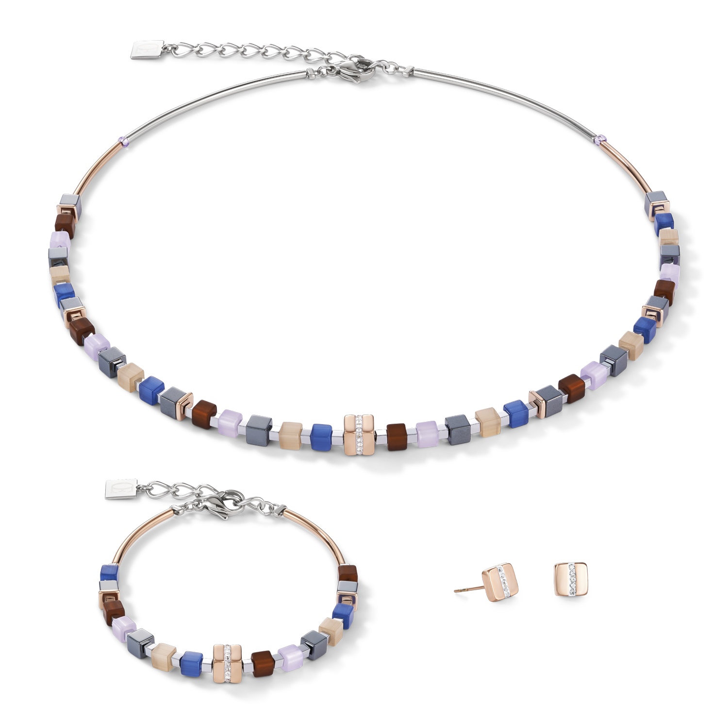 Armband GeoCUBE® Edelstahl roségold & Kristall Pavé blau-braun