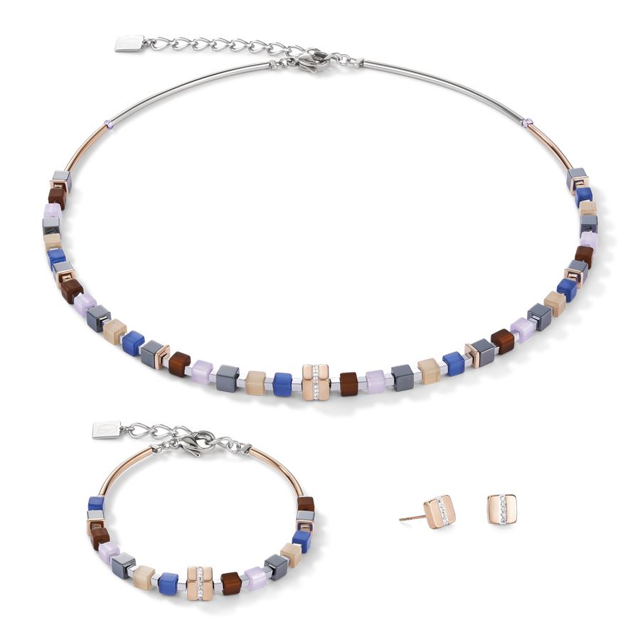 Armband GeoCUBE® Edelstahl roségold & Kristall Pavé blau-braun