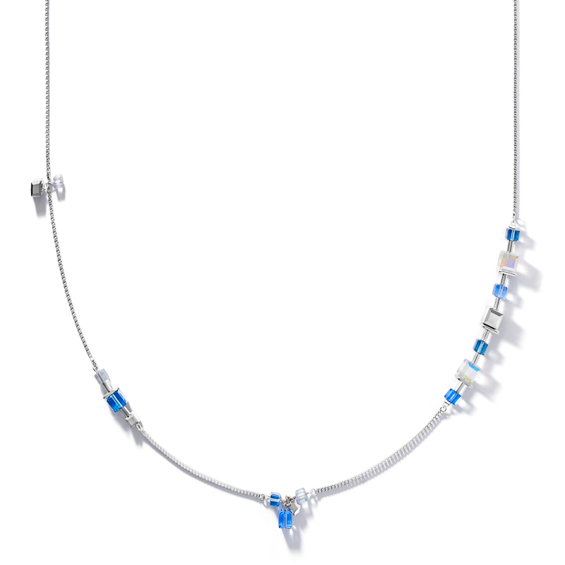 Halskette GeoCUBE® chain long Edelstahl & Kristalle silber-blau